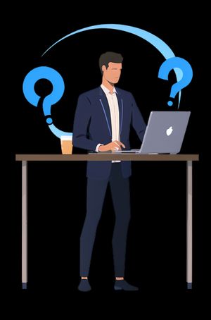 Apa itu SEO? pria berdiri di samping laptop dengan tanda tanya di atas kepalanya